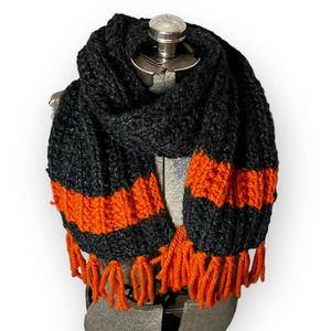 Handmade, Handknit Unisex Chunky Wool-Blend Knit Gray & Orange Scarf w/ Fringe